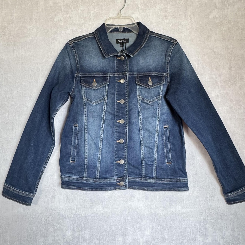 Well Worn Denim Jacket Womens Small Blue Stretch Jean Trucker Coat Casual